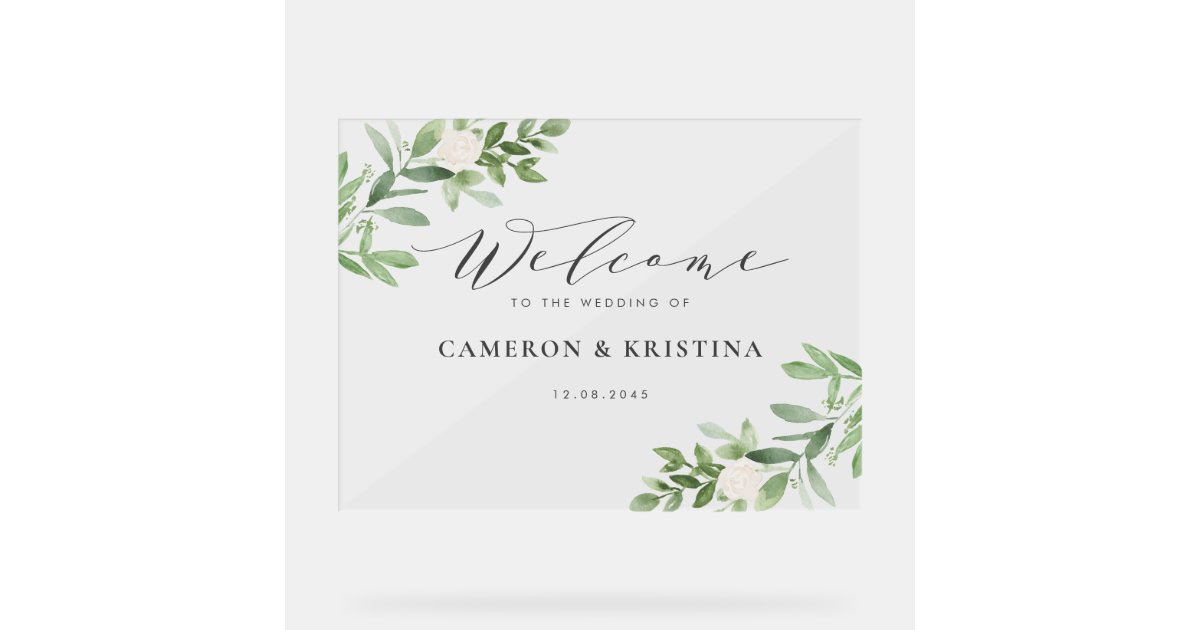 Watercolor Greenery and White Flowers Wedding Acrylic Sign | Zazzle