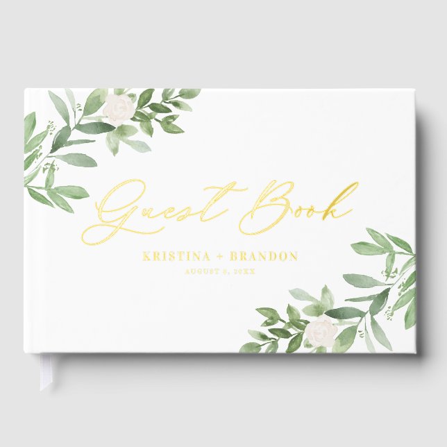 Watercolor Greenery and White Flowers Wedding Foil Guest Book (Front)