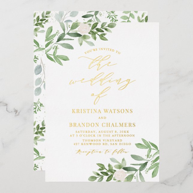 Watercolor Greenery and White Flowers Wedding Foil Invitation (Front/Back)