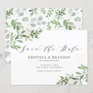 Watercolor Greenery and White Flowers Wedding Gray Save The Date