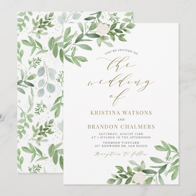 Watercolor Greenery and White Flowers Wedding Invitation (Front/Back)