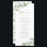 Watercolor Greenery and White Flowers Wedding Menu<br><div class="desc">Watercolor Greenery and White Flowers Menu | Add a greenery accent to your tablescape with this customizable greenery menu card. It features watercolor illustrations and pattern of foliage and white flowers. This floral menu card is perfect for spring and garden weddings and other events.</div>