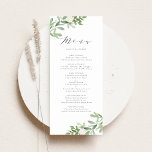 Watercolor Greenery and White Flowers Wedding Menu<br><div class="desc">Elevate your event with our customizable menu card, beautifully designed with delicate watercolor greenery and soft white flowers. This elegant menu card features a nature-inspired front design, while the back showcases a matching pattern for a cohesive look. This greenery menu card is perfect for weddings, bridal showers, or garden parties,...</div>