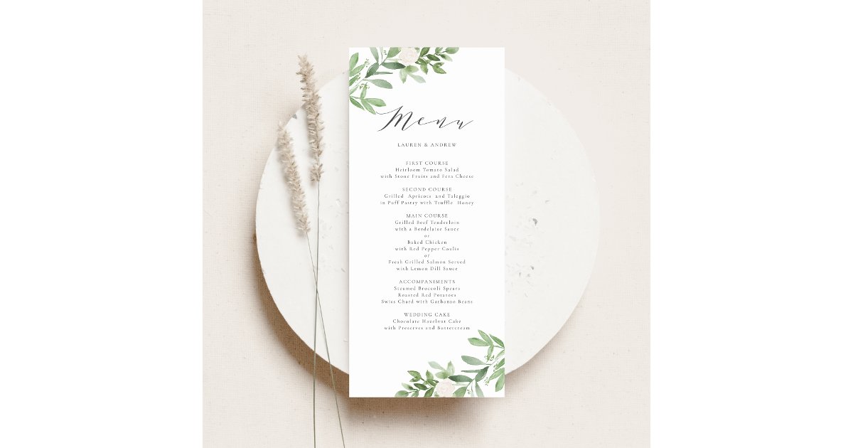 Watercolor Greenery and White Flowers Wedding Menu | Zazzle
