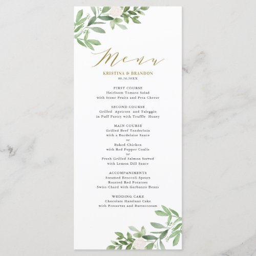 Watercolor Greenery and White Flowers Wedding Menu