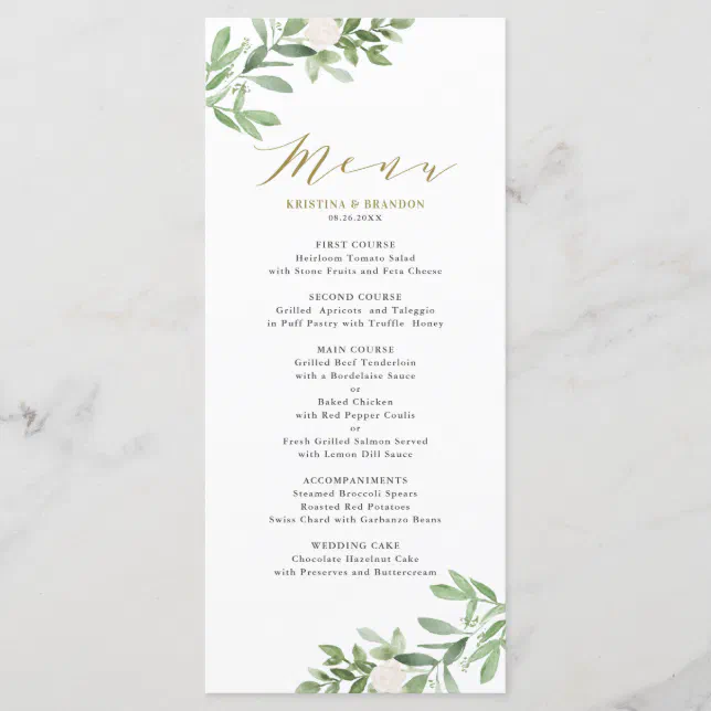 Watercolor Greenery and White Flowers Wedding Menu | Zazzle