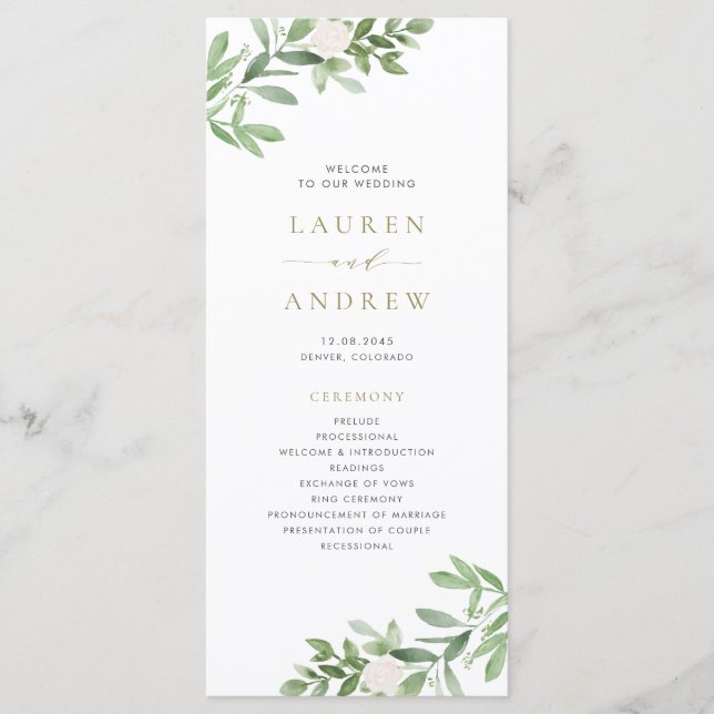 Watercolor Greenery and White Flowers Wedding Program (Front)