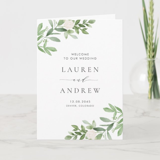 Watercolor Greenery and White Flowers Wedding Program (Front)