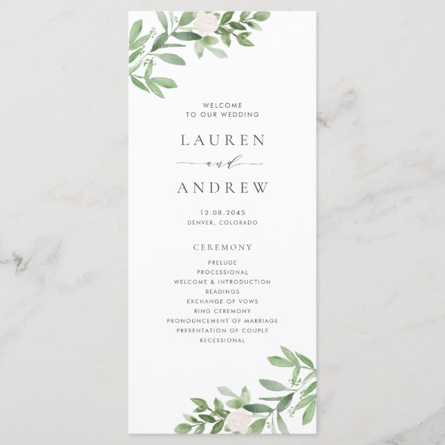 Watercolor Greenery and White Flowers Wedding Program (Front)