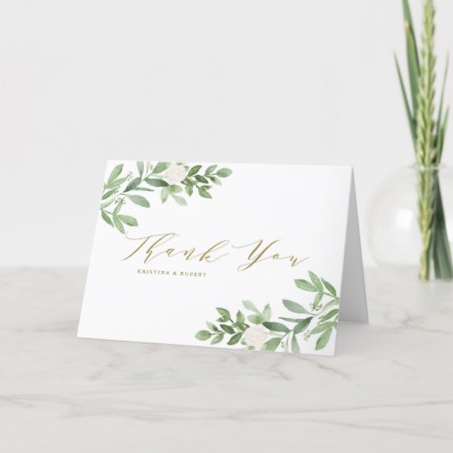 Watercolor Greenery and White Flowers Wedding Thank You Card