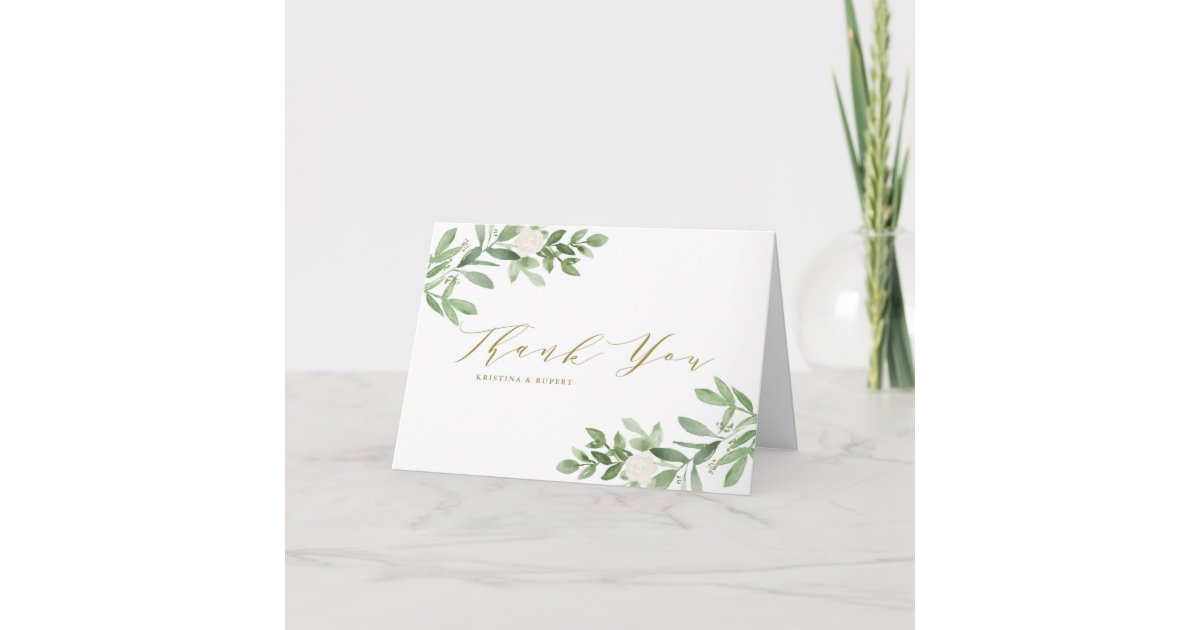 Watercolor Greenery and White Flowers Wedding Thank You Card | Zazzle