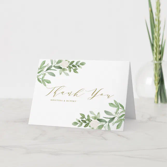 Watercolor Greenery and White Flowers Wedding Thank You Card | Zazzle