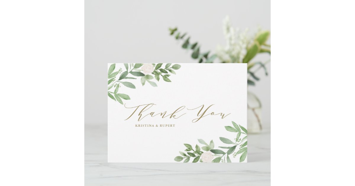 Watercolor Greenery and White Flowers Wedding Thank You Card | Zazzle