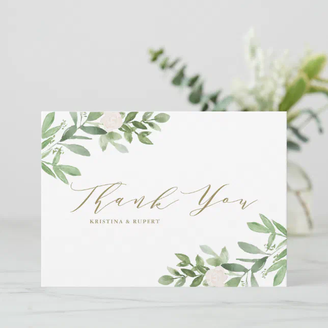Watercolor Greenery and White Flowers Wedding Thank You Card | Zazzle