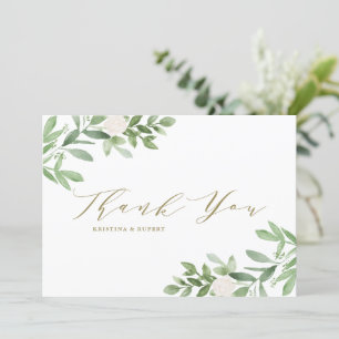 Watercolor Greenery and White Flowers Wedding Thank You Card