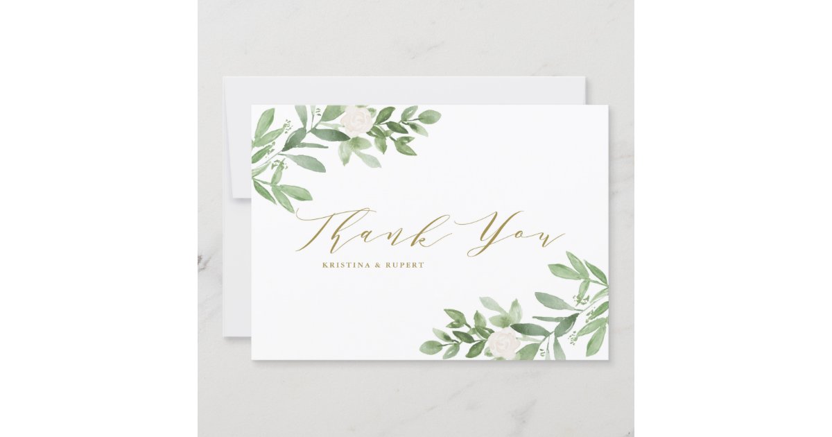 Watercolor Greenery and White Flowers Wedding Thank You Card | Zazzle