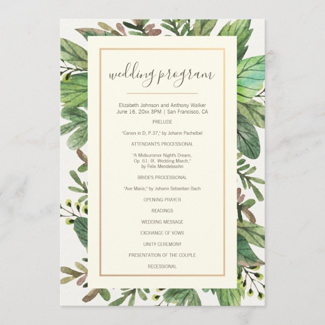 Watercolor Greenery and Woodsy Wedding Program (Front)
