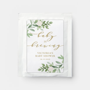 Watercolor Greenery Baby is Brewing Baby Shower Tea Bag Drink Mix