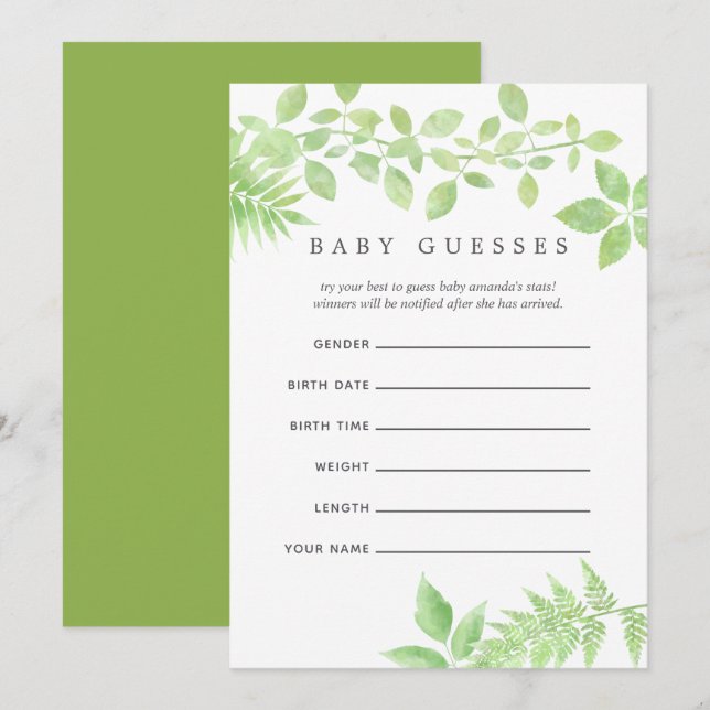 Watercolor Greenery Baby Shower Baby Guesses Invitation (Front/Back)