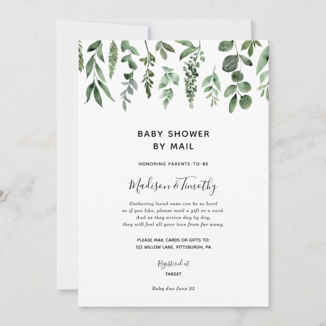 Watercolor Greenery Baby Shower by Mail invitation (Front)
