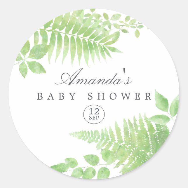 Watercolor Greenery Baby Shower Classic Round Sticker (Front)