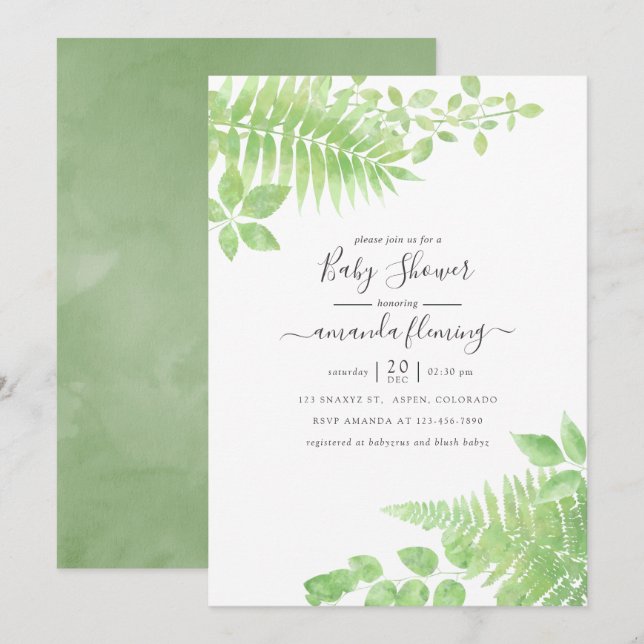 Watercolor Greenery Baby Shower Invitation (Front/Back)
