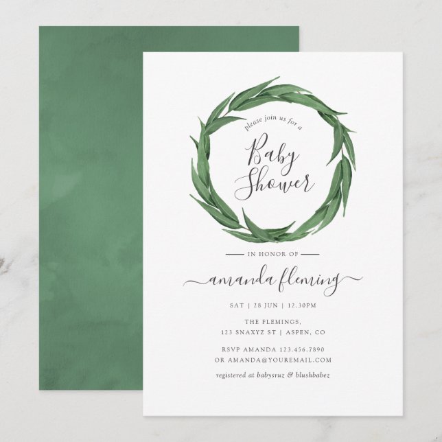 Watercolor Greenery Baby Shower Invitation (Front/Back)