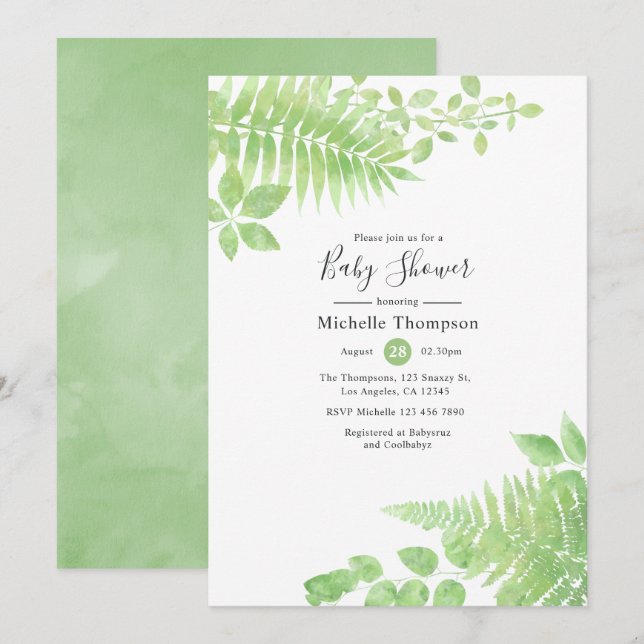 Watercolor Greenery Baby Shower Invitation (Front/Back)