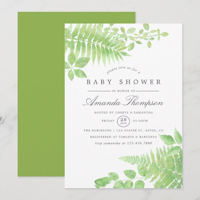 Watercolor Greenery Baby Shower Invitation (Front/Back)