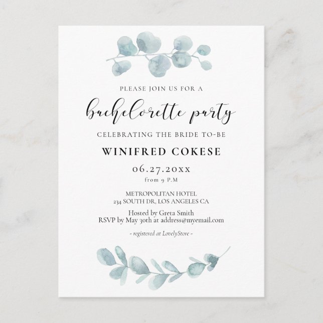 Watercolor greenery Bachelorette party invitation Postcard (Front)