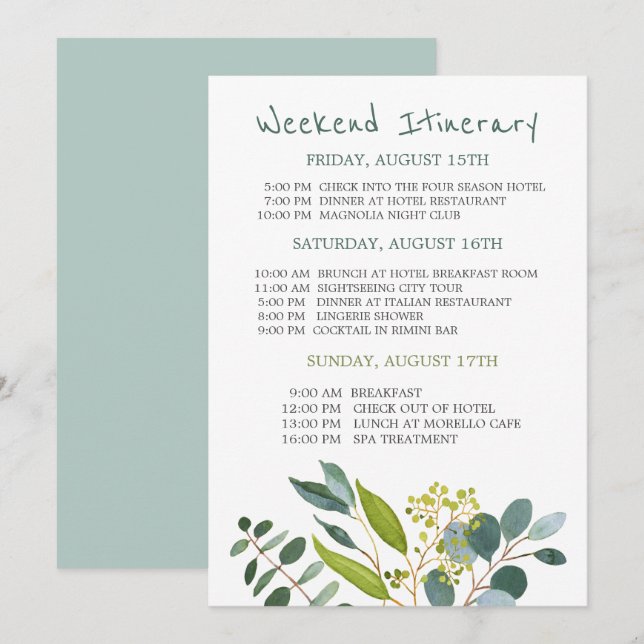 Watercolor greenery Bachelorette Weekend Itinerary Invitation (Front/Back)