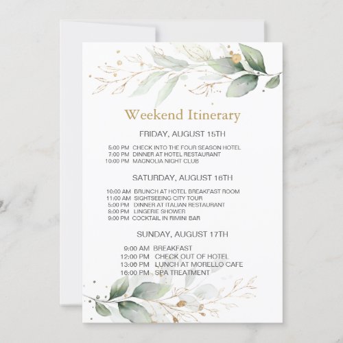 Watercolor greenery Bachelorette Weekend Itinerary Invitation