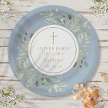 Watercolor Greenery Baptism Christening Blue Paper Plates<br><div class="desc">Featuring delicate watercolor leaves and an elegant gold crucifix,  this chic baptism or christening plate can be personalized with your special event information on a dusty blue background. Designed by Thisisnotme©</div>