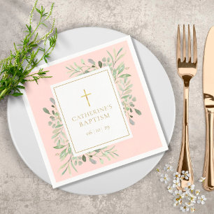 Watercolor Greenery Baptism Christening Blush Pink Napkins