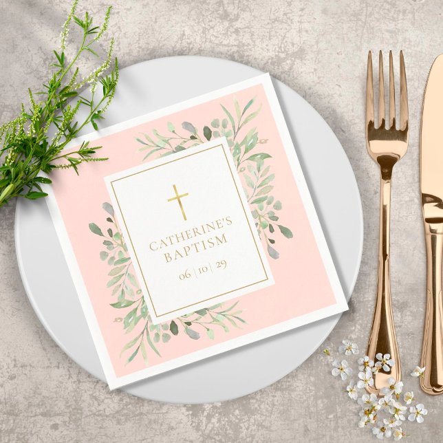 Watercolor Greenery Baptism Christening Blush Pink Napkins (Creator Uploaded)