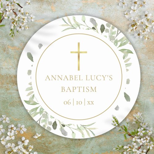 Watercolor Greenery Baptism Christening Classic Round Sticker