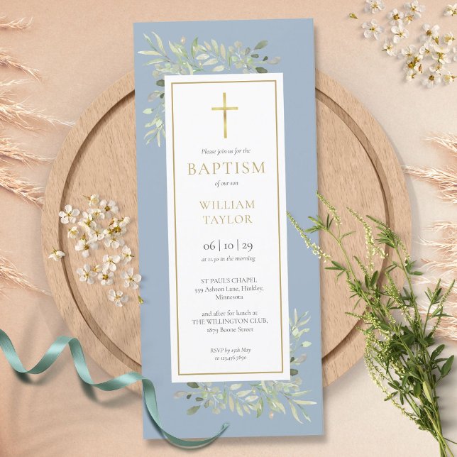 Watercolor Greenery Baptism Christening Dusty Blue Invitation (Creator Uploaded)
