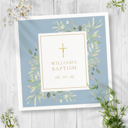 Watercolor Greenery Baptism Christening Dusty Blue Napkins
