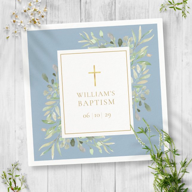 Watercolor Greenery Baptism Christening Dusty Blue Napkins (Creator Uploaded)