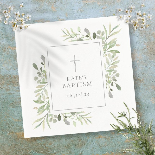 Watercolor Greenery Baptism Christening Napkins (Watercolor Greenery Baptism Christening Napkins)