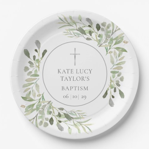 Watercolor Greenery Baptism Christening Paper Plates