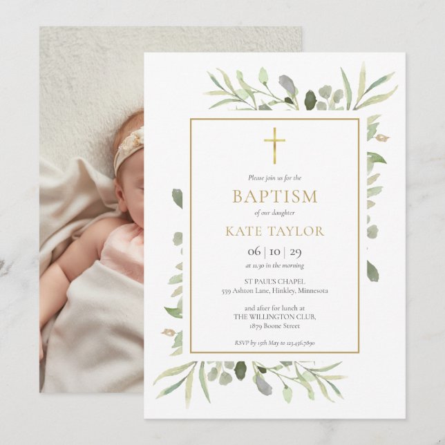 Watercolor Greenery Baptism Christening Photo Invitation (Front/Back)