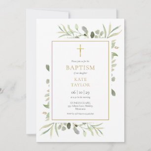 Watercolor Greenery Baptism Christening QR Code Invitation