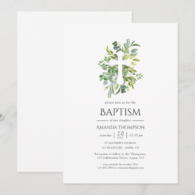 Watercolor Greenery Baptism or Christening Invitation (Front/Back)