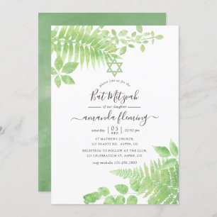 Watercolor Greenery Bat Mitzvah Invitation