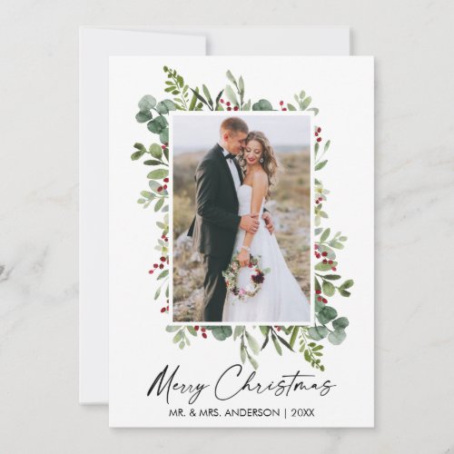 Watercolor Greenery Berries Calligraphy Ink Couple Holiday Card