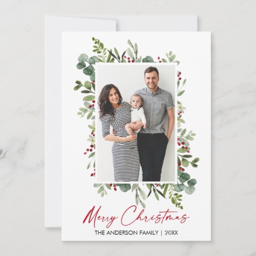 Watercolor Greenery Berries Calligraphy Red Ink Holiday Card