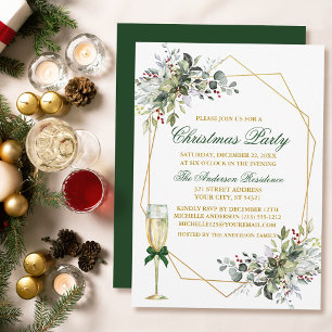 Watercolor Greenery Berries Christmas Gold Green Invitation