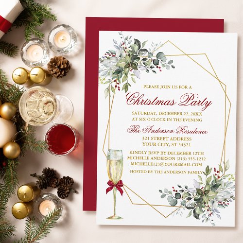 Watercolor Greenery Berries Christmas Gold Red Invitation