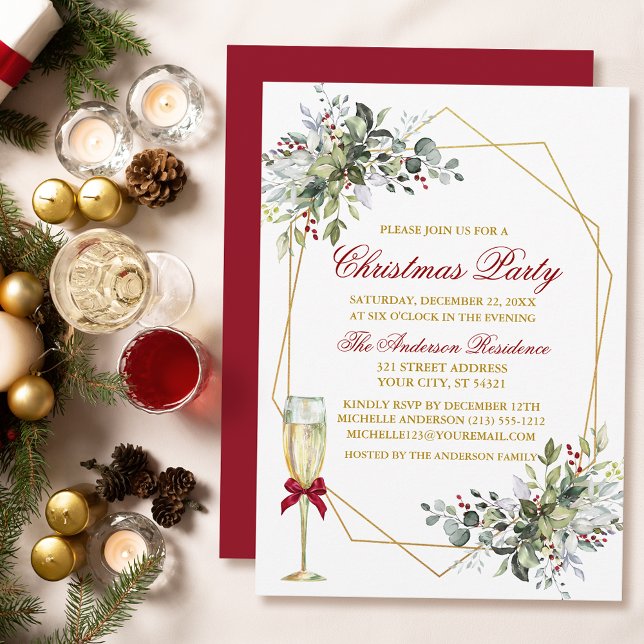 Watercolor Greenery Berries Christmas Gold Red Invitation (Customize to change text color, size, style or to change color of back of card.)
